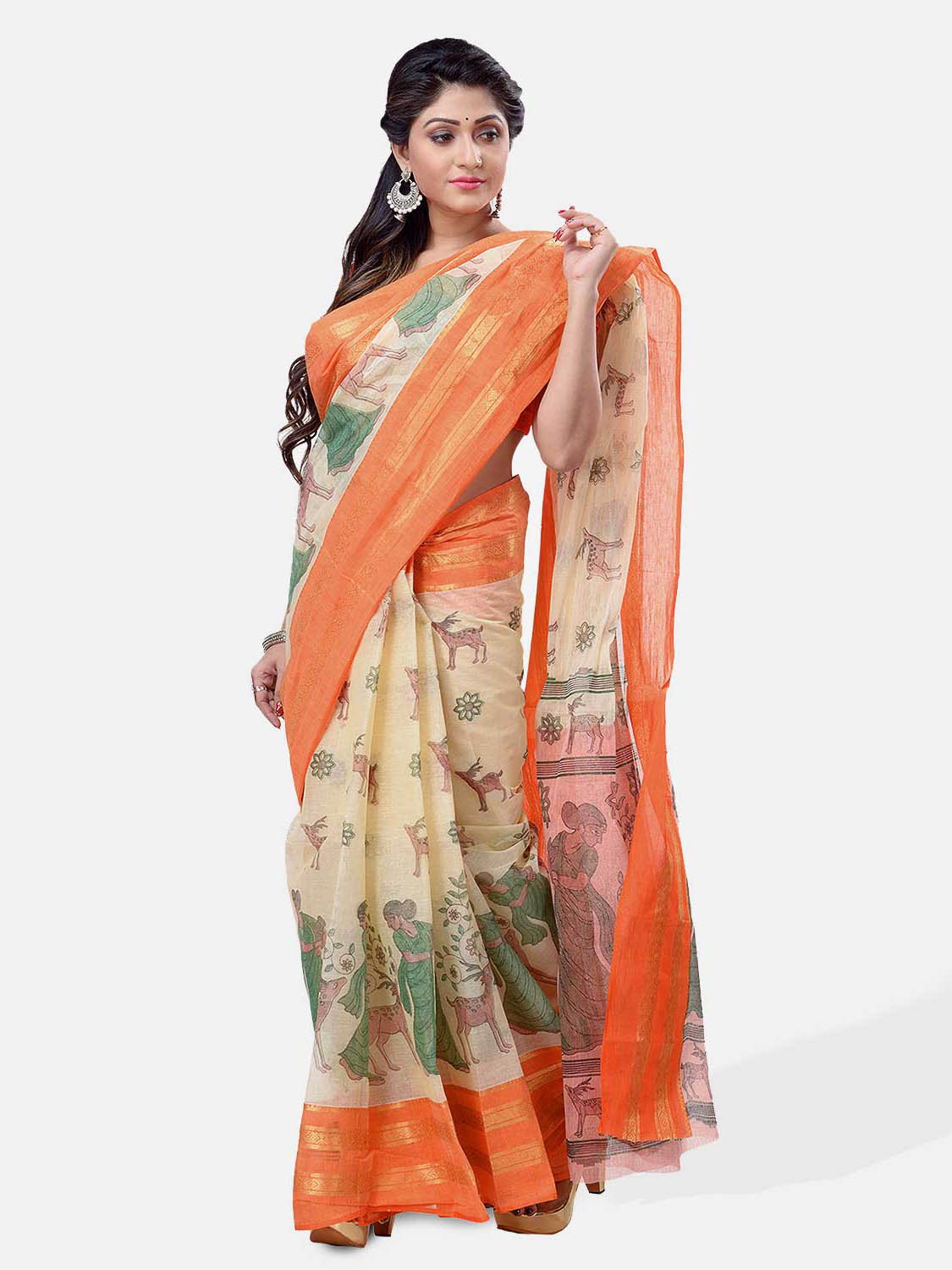 Bengal Printed cotton Tant Saree – Off White Sakuntala Printed Body With Light Work – Zori Work Border (Orange Off-White)